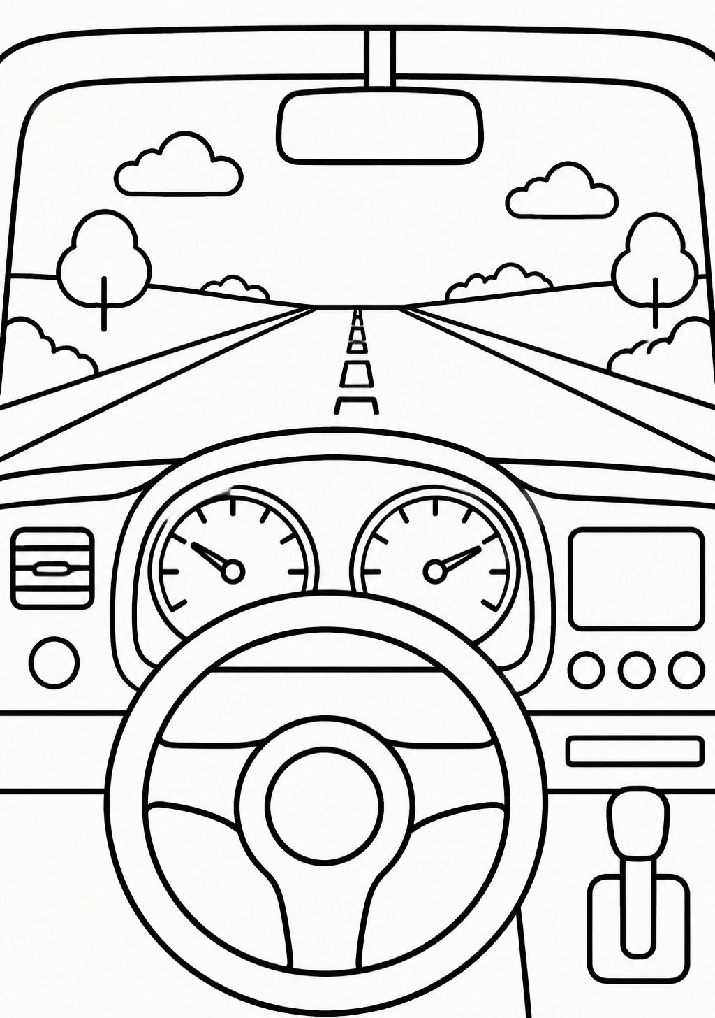 Ausmalbild eines Auto-Armaturenbretts mit zwei runden Anzeigen, Lenkrad, Schalthebel und Blick durch die Windschutzscheibe auf eine Straße