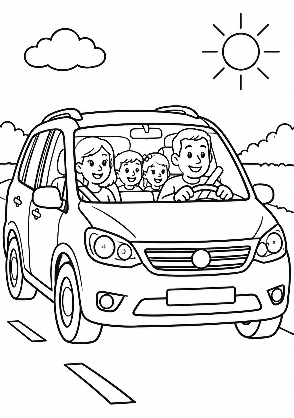 Ausmalbild eines Familienautos von vorn mit Eltern und zwei Kindern im Innenraum, Wolke und Sonne darüber, schwarze Konturen auf weißem Grund