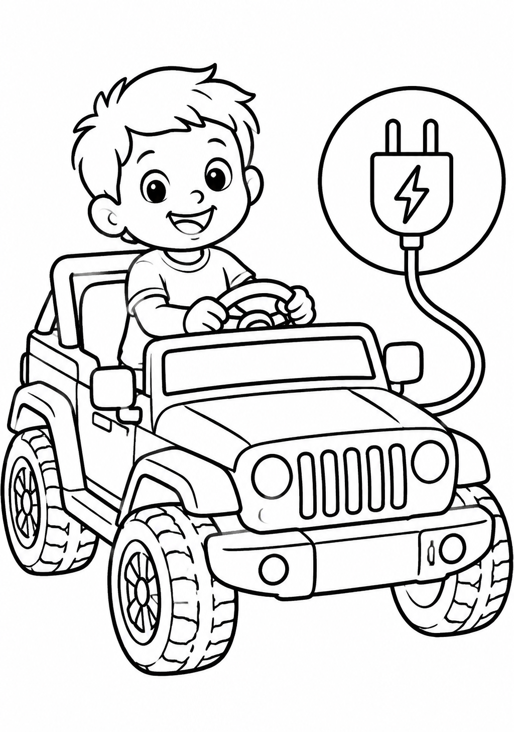 Ausmalbild eines Kinder-Elektroautos im Jeep-Stil mit lachendem Kind am Lenkrad und einem Ladestecker mit Blitzsymbol daneben