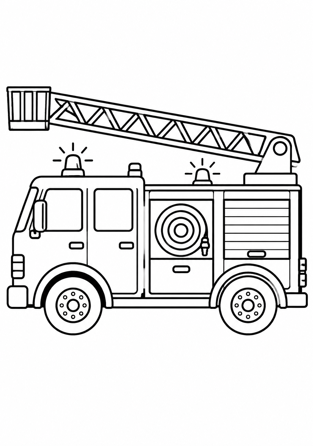 Ausmalbild eines Feuerwehrautos in Seitenansicht mit ausgefahrener Drehleiter, Schlauchrolle und zwei Blaulichtern