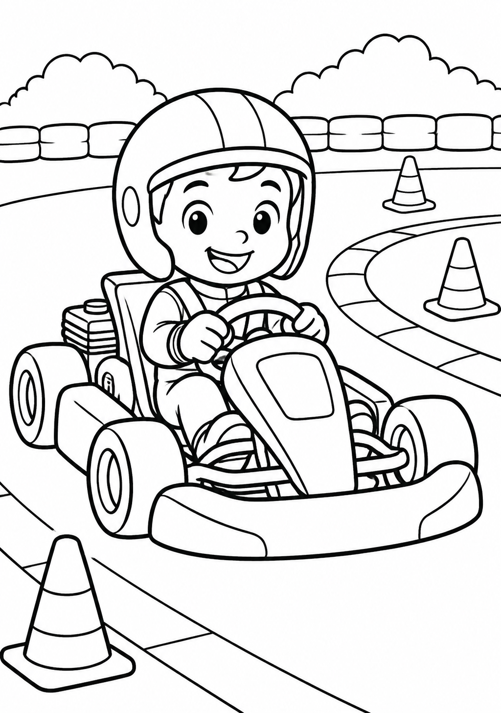Ausmalbild eines lachenden Kindes mit Rennhelm in einem Go-Kart auf einer Kartbahn mit Pylonen