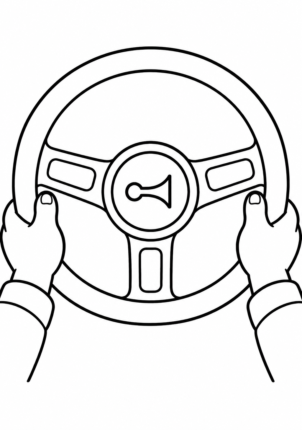 Ausmalbild eines großen runden Auto-Lenkrads von vorn mit Hupensymbol in der Mitte und zwei Kinderhänden am Kranz