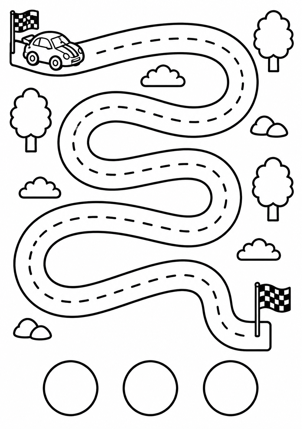 Aktivitätsblatt mit kurviger Rennstrecke vom Startauto mit Zielflagge bis zur Ziellinie, Bäumen und Wolken sowie drei leeren Kreisen zum Ausmalen